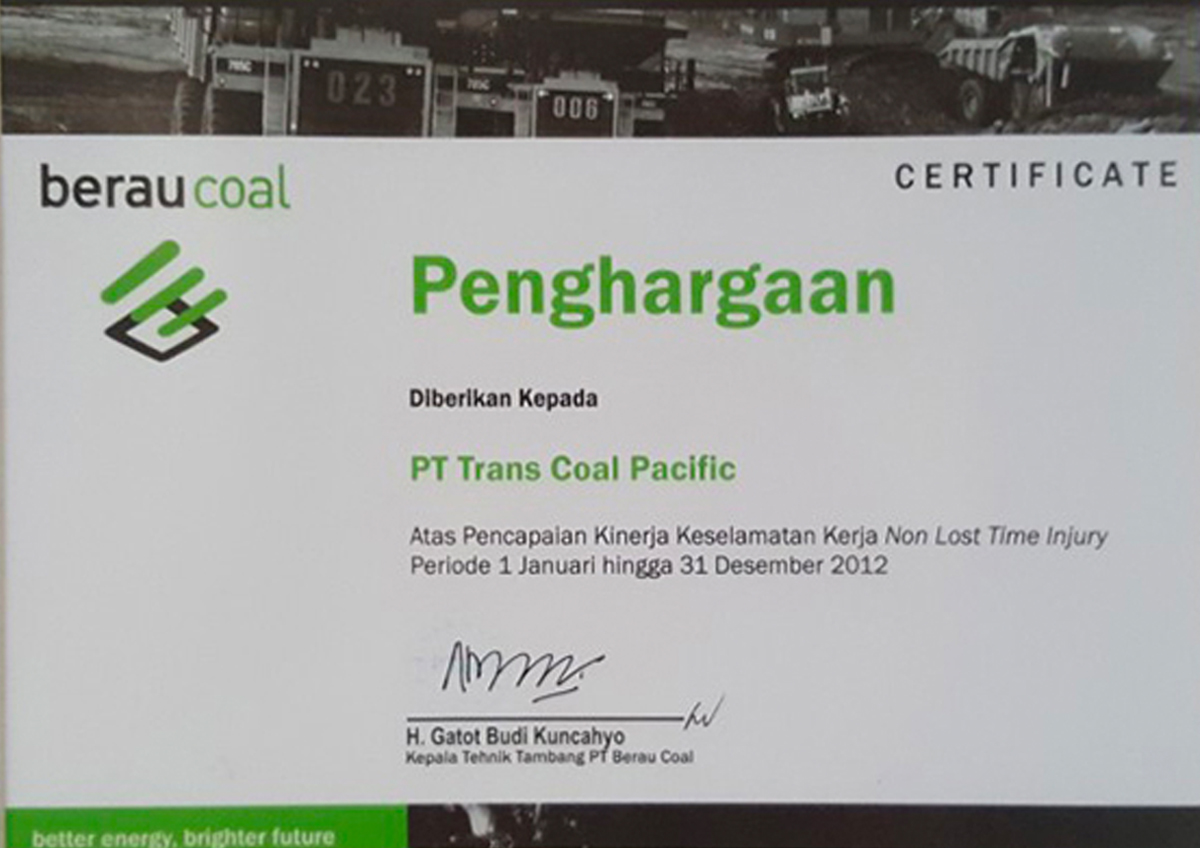 2012 – Penghargaan Zero Accident dari PT Berau Coal