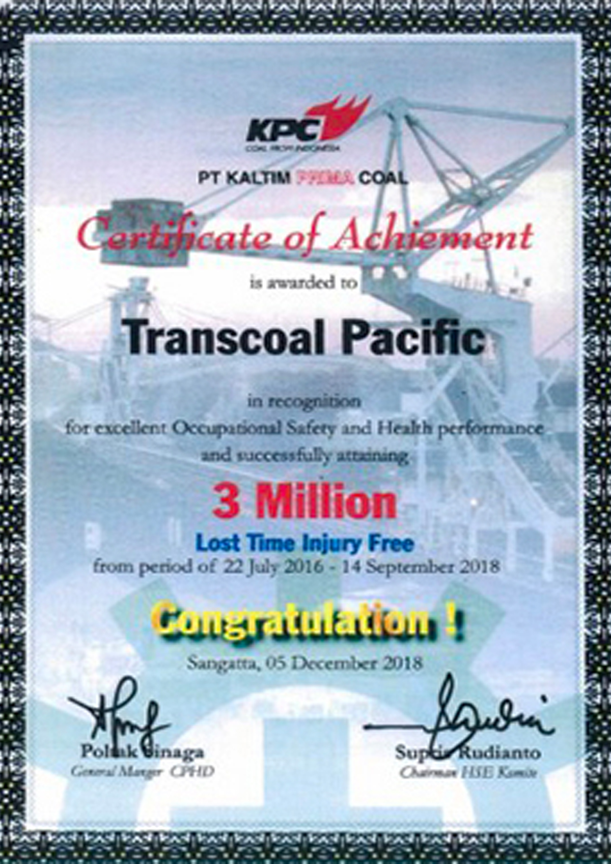 2018 – Penghargaan Zero Accident dari PT Kaltim Prima Coal