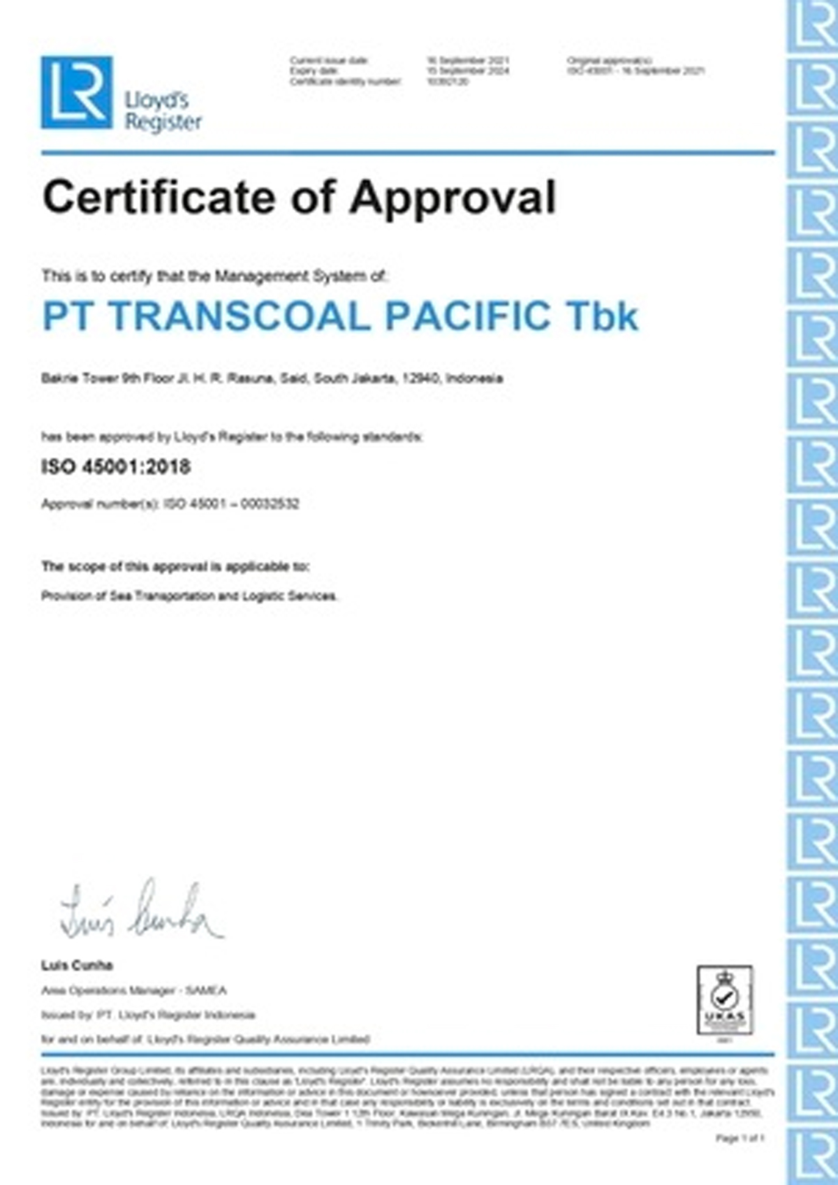 2021 – Sertifikat ISO 45001 PT Transcoal Pacific Tbk