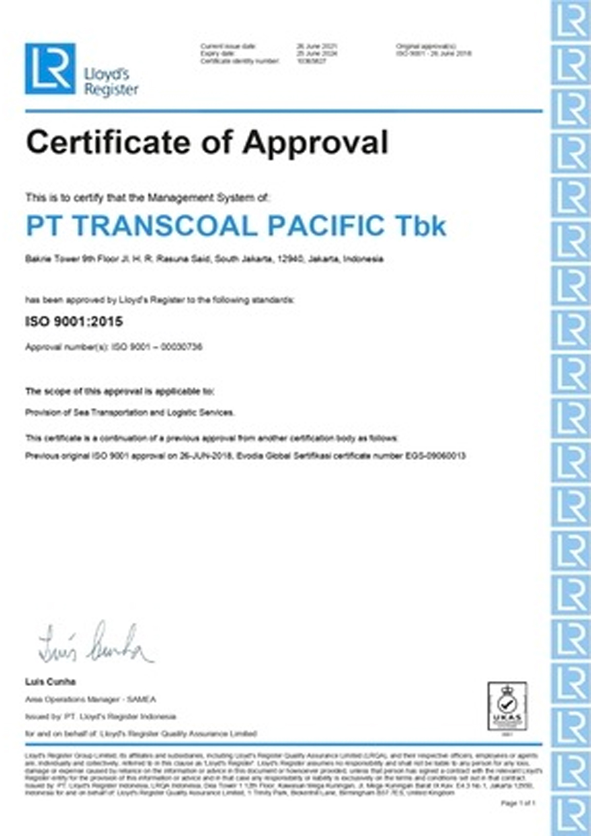 2021 – Sertifikat ISO 9001 PT Transcoal Pacific Tbk