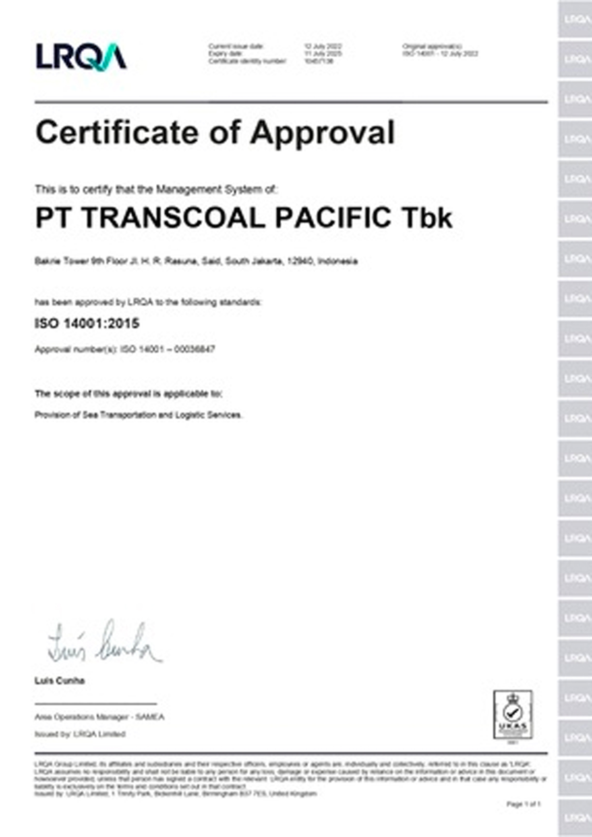 2022 – Sertifikat ISO 14001 PT Transcoal Pacific Tbk