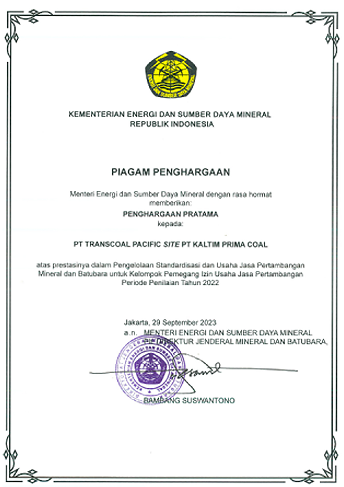 TCPI Menerima Penghargaan Pratama dari Kementerian ESDM